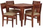Rask Wood Solid Wood Dining Table 4 Seater Dining Table Set with 4 Cushion Chairs - Image 2