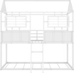 Rask Wood Twin Over Twin Metal Low Bunk Beds with Charming Roof and Fence - Image 3