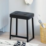 Modern Black Padded Vanity Stool – Faux Leather Tufted Cushion Seat with Metal Frame | - Image 3