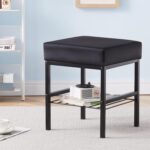 Modern Black Vanity Stool with Metal Frame and Storage Shelf