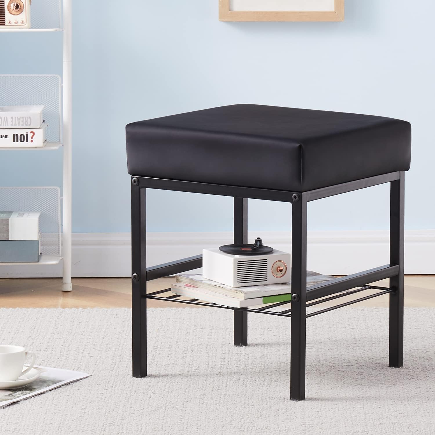 718TgYTqtQL._SL1500_ Modern Black Vanity Stool with Metal Frame and Storage Shelf - Image 1