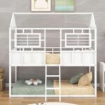 Rask Wood Twin Over Twin Metal Low Bunk Beds with Charming Roof and Fence - Image 4