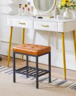 Modern Tan Faux Leather Vanity Stool with Storage Shelf - Image 5