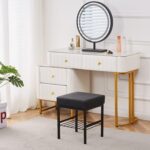 Modern Black Vanity Stool with Metal Frame and Storage Shelf - Image 3