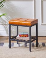Modern Tan Faux Leather Vanity Stool with Storage Shelf - Image 7