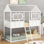 Rask Wood Twin Over Twin Metal Low Bunk Beds with Charming Roof and Fence