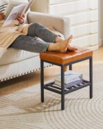 Modern Tan Faux Leather Vanity Stool with Storage Shelf - Image 4