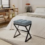 Modern Blue Vanity Stool with X-Shape Metal Frame | - Image 2