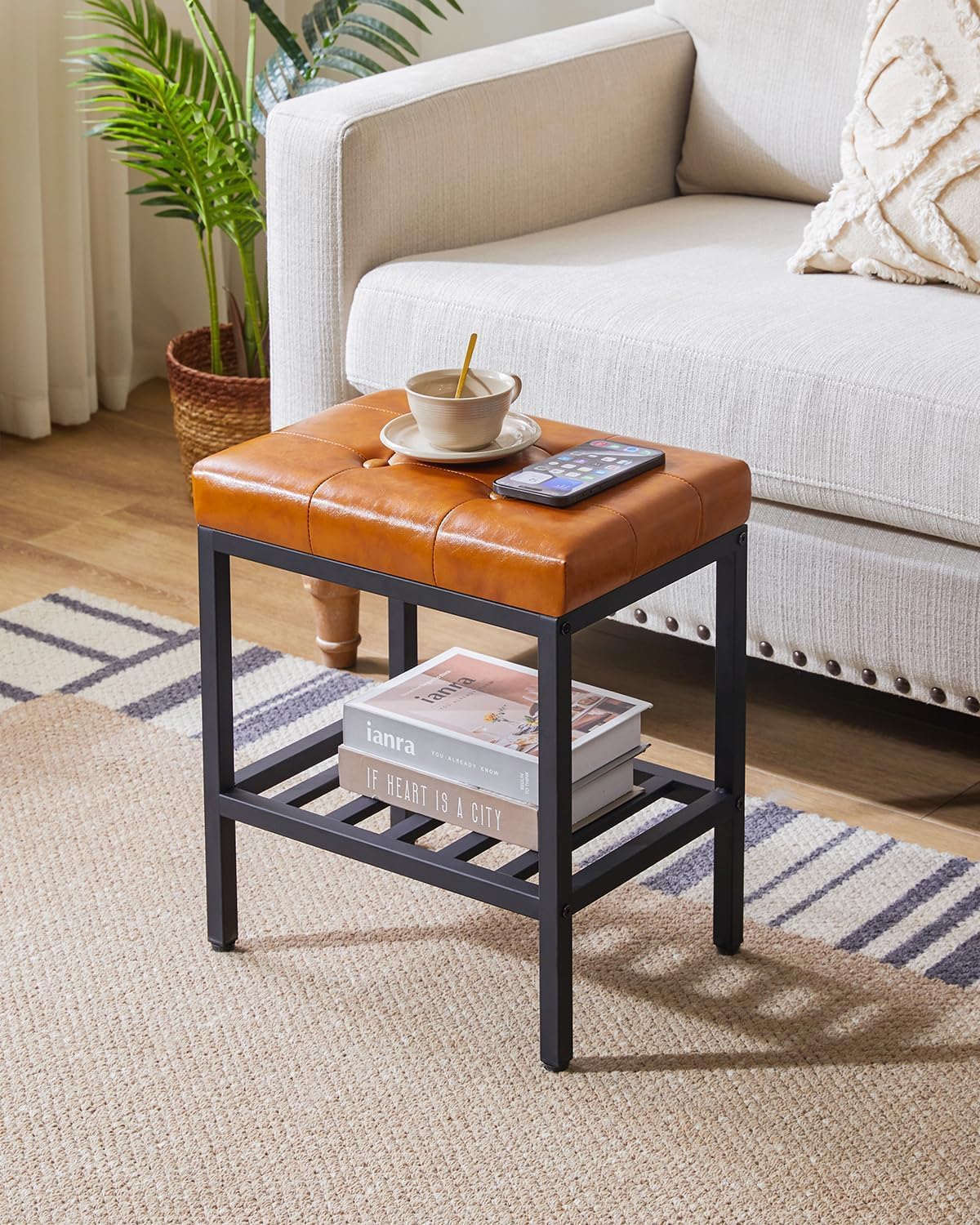 81ga1-4yklL._SL1500_ Modern Tan Faux Leather Vanity Stool with Storage Shelf - Image 1